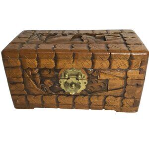 VTG Hand Carved Chinese Camphor Wood Chest Figural Relief Brass Latch Box 8 x 4